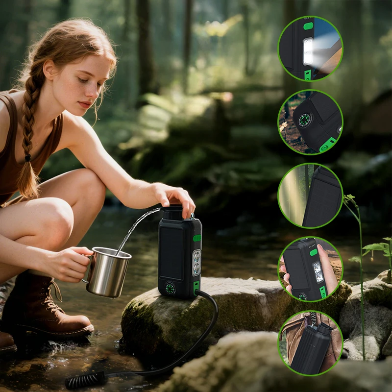 فیلتر آب خورشیدی سه‌کاره 3-in-1 با طراحی پرتابل برای تصفیه آب و شارژ اضطرار