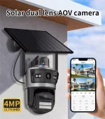 دوربین امنیتی خورشیدی 4MP AOV با لنز دوگانه، ضبط 24 ساعته و دید در شب رنگی، مناسب خرید عمده از چین و دبی، ضدآب و بی‌نیاز از برق شهری
