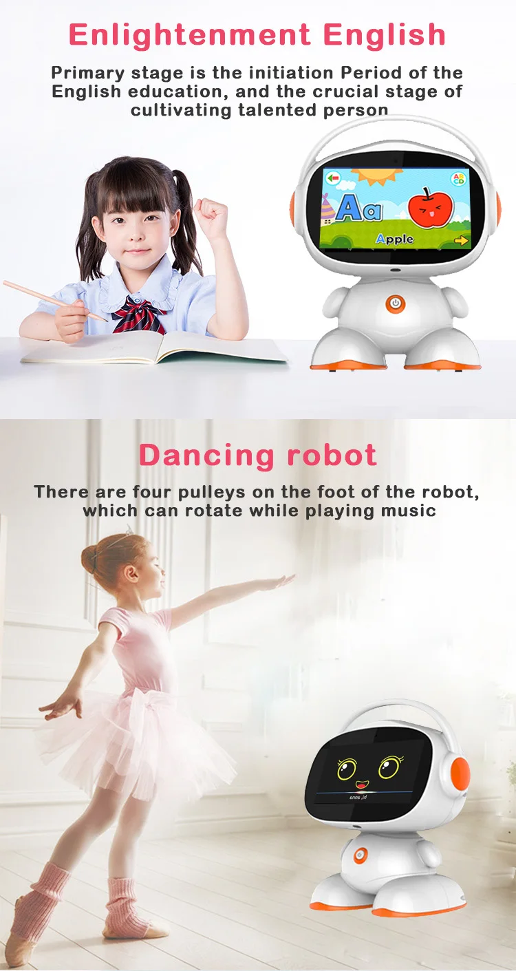 کودک در حال بازی با ربات هوشمند آموزشی ۷ اینچی که قابلیت رقص و آموزش دارد