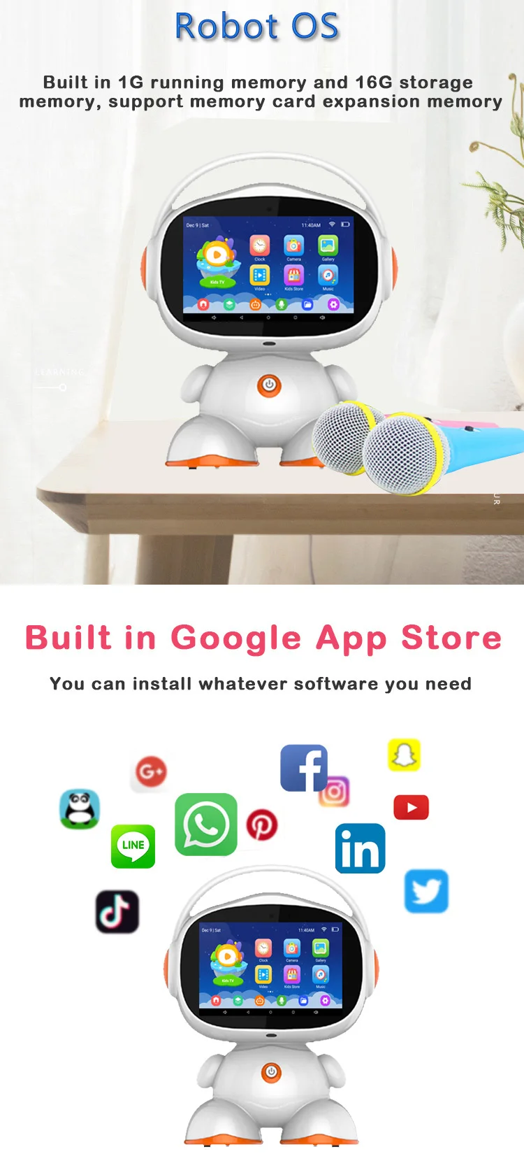 کودک در حال بازی با ربات هوشمند آموزشی ۷ اینچی که قابلیت رقص و آموزش دارد