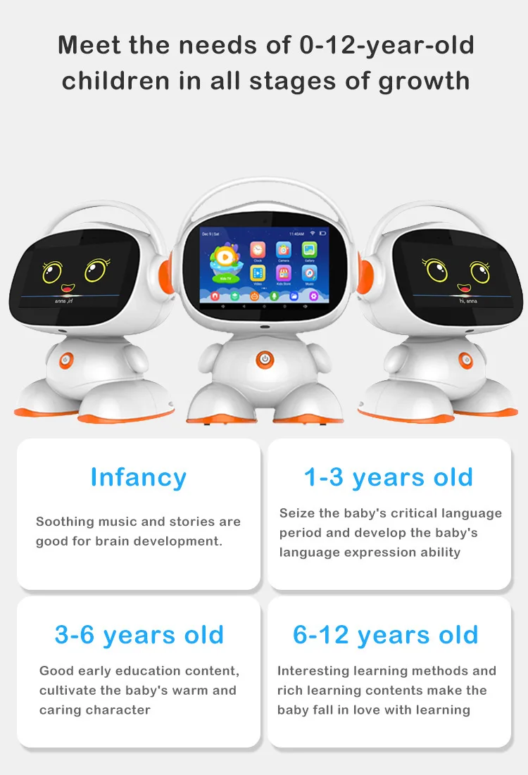 کودک در حال بازی با ربات هوشمند آموزشی ۷ اینچی که قابلیت رقص و آموزش دارد