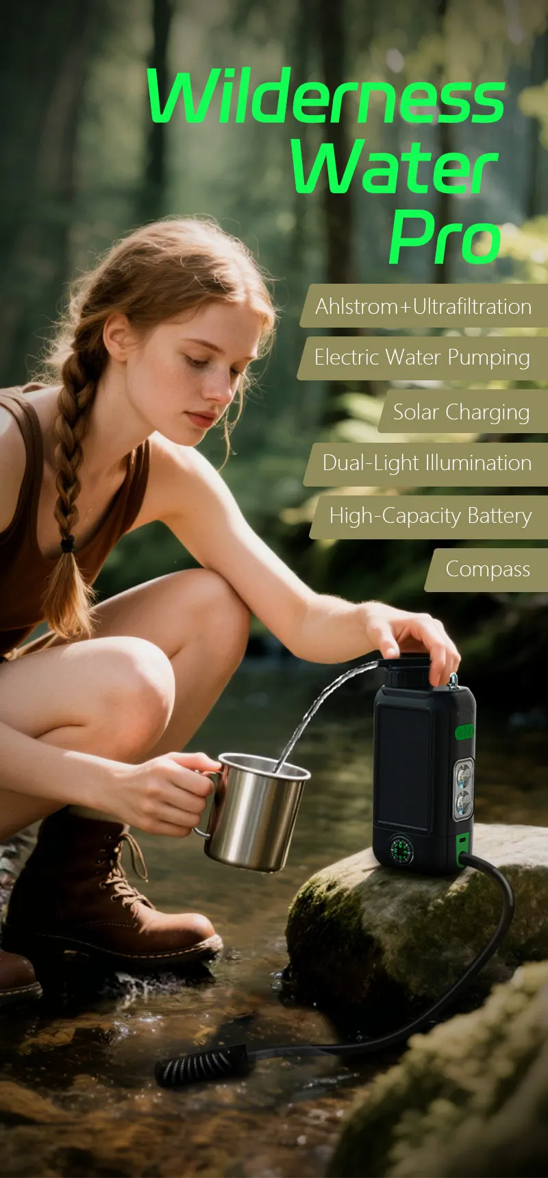 فیلتر آب خورشیدی سه‌کاره در حال استفاده در کمپینگ برای تصفیه آب و روشنایی شبانه