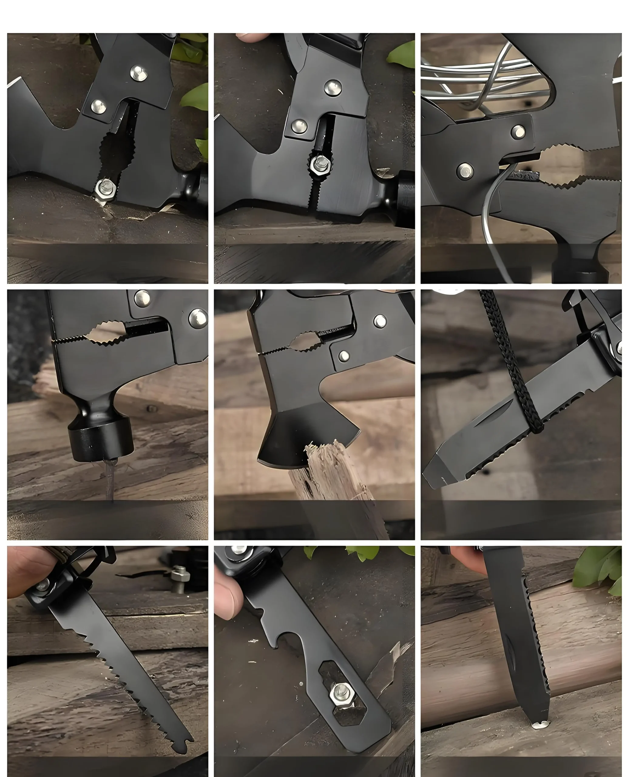 تبر و چکش چندکاره کمپینگ در حال استفاده برای خرد کردن چوب و کوبیدن میخ در فضای باز