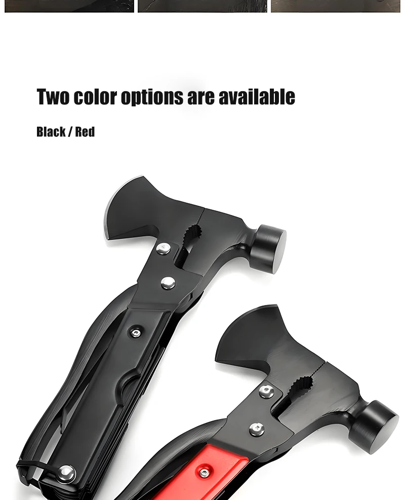 تبر و چکش چندکاره کمپینگ در حال استفاده برای خرد کردن چوب و کوبیدن میخ در فضای باز