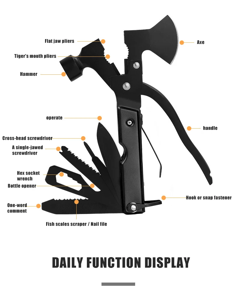 تبر و چکش چندکاره کمپینگ در حال استفاده برای خرد کردن چوب و کوبیدن میخ در فضای باز