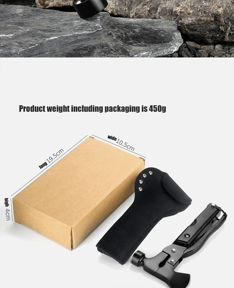 تبر و چکش چندکاره کمپینگ در حال استفاده برای خرد کردن چوب و کوبیدن میخ در فضای باز