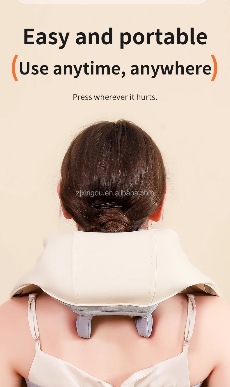 ماساژور بی‌سیم گردن و شانه با قابلیت گرمایش و کمپرس داغ، طراحی ارگونومیک و قابل حمل برای رفع خستگی و آرامش عضلات