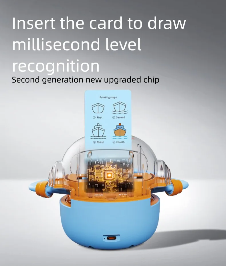 کودک در حال استفاده از ربات نقاشی برای کشیدن اشکال هندسی و تصاویر ساده