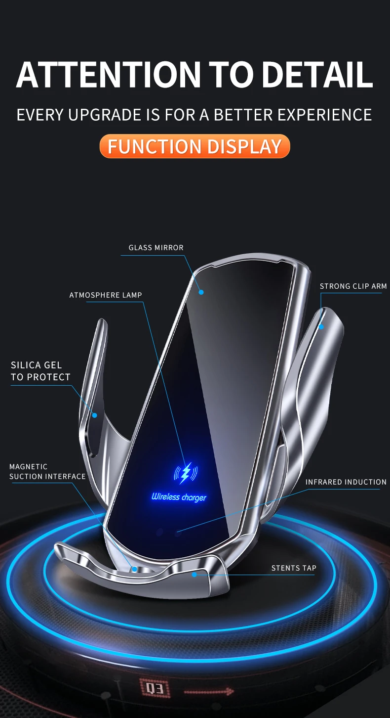گوشی موبایل در حال شارژ روی استند بی‌سیم Q3 با قابلیت چرخش ۳۶۰ درجه