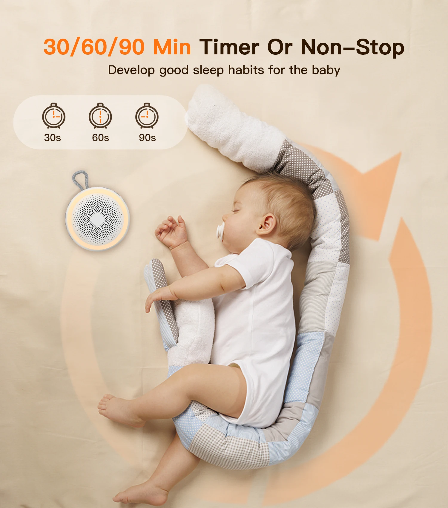 کودک در حال خوابیدن در کنار دستگاه صدای سفید HiFiD با نور آرامش‌بخش