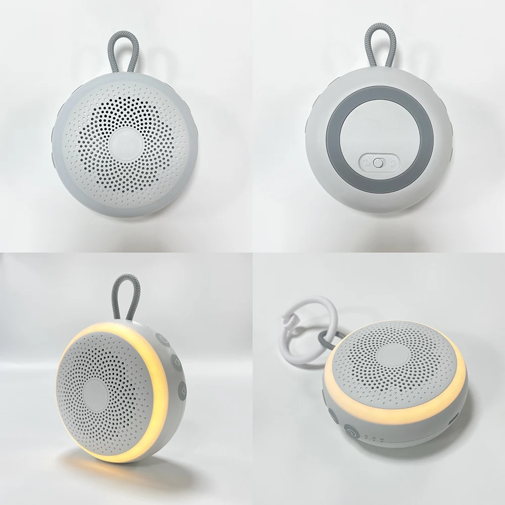 کودک در حال خوابیدن در کنار دستگاه صدای سفید HiFiD با نور آرامش‌بخش