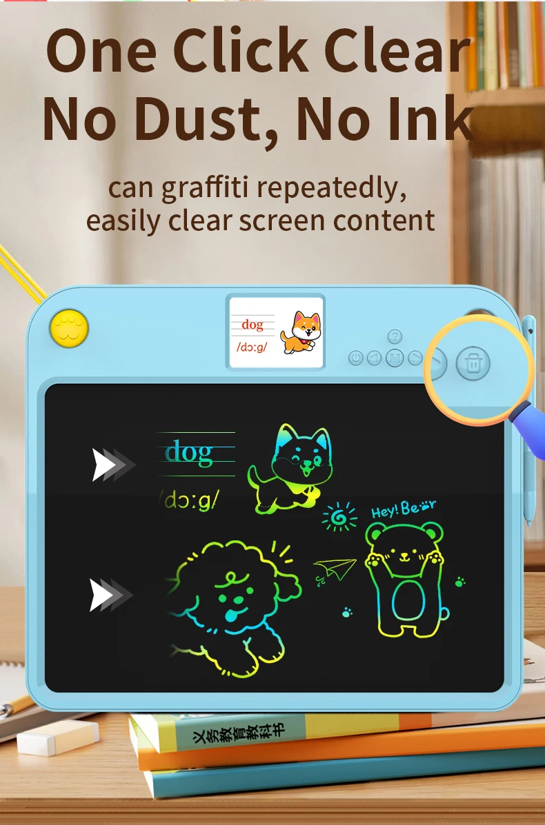 کودک در حال استفاده از تبلت نوشتاری الکترونیکی برای کشیدن نقاشی و تمرین نوشتن