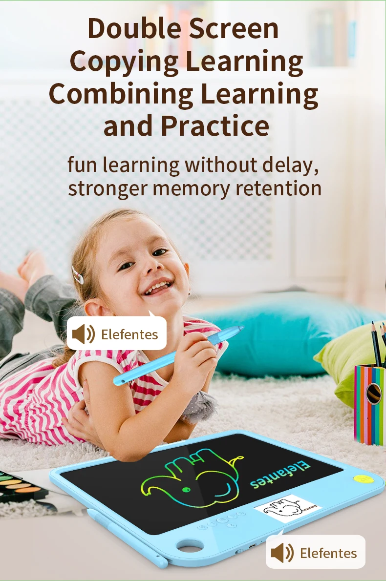 کودک در حال استفاده از تبلت نوشتاری الکترونیکی برای کشیدن نقاشی و تمرین نوشتن