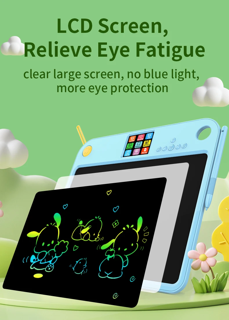 کودک در حال استفاده از تبلت نوشتاری الکترونیکی برای کشیدن نقاشی و تمرین نوشتن