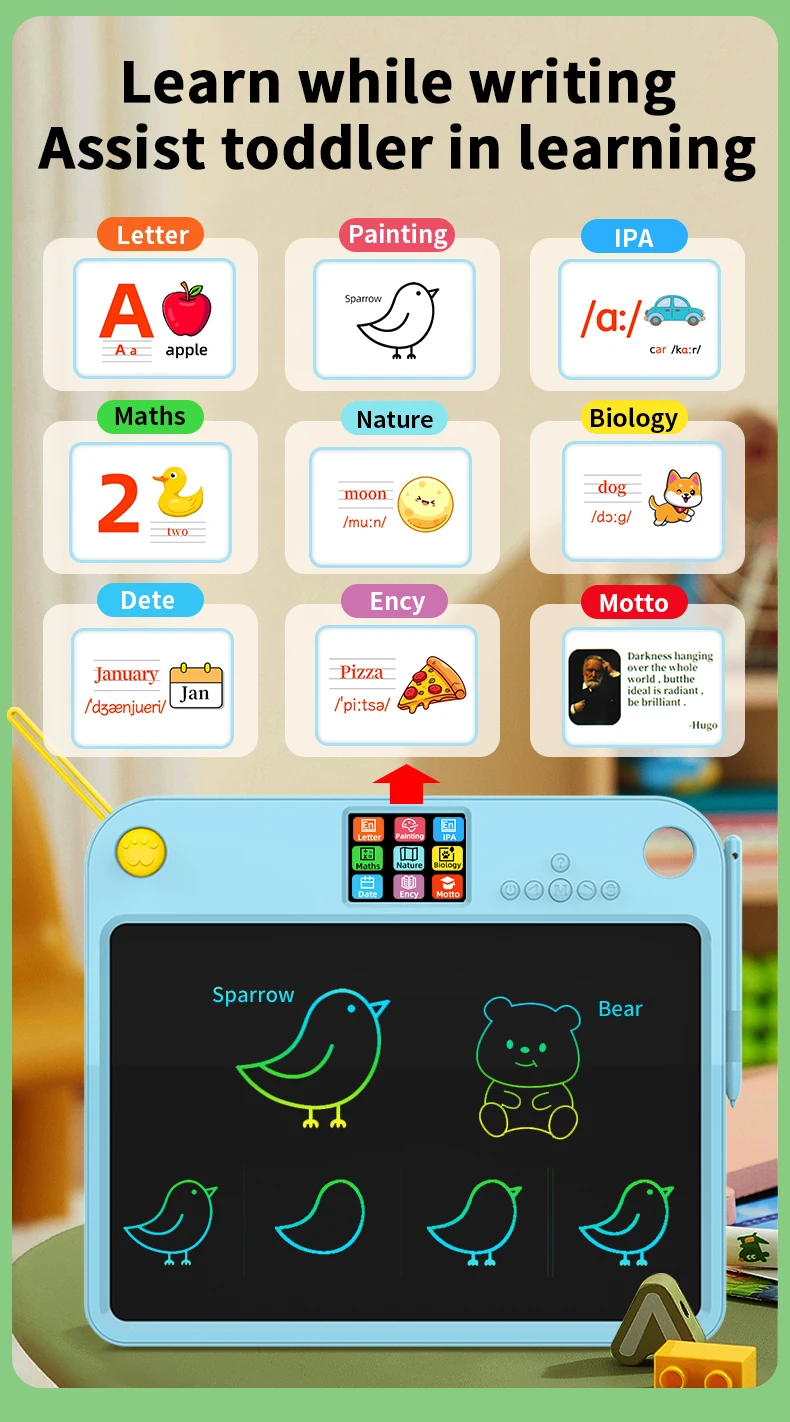 کودک در حال استفاده از تبلت نوشتاری الکترونیکی برای کشیدن نقاشی و تمرین نوشتن