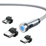 کابل شارژ مغناطیسی LED مدل 3in1 با قابلیت چرخش چندجهته و سه سری قابل تعویض، مناسب خرید عمده برای واردات و پخش در بازار ایران و کشورهای منطقه