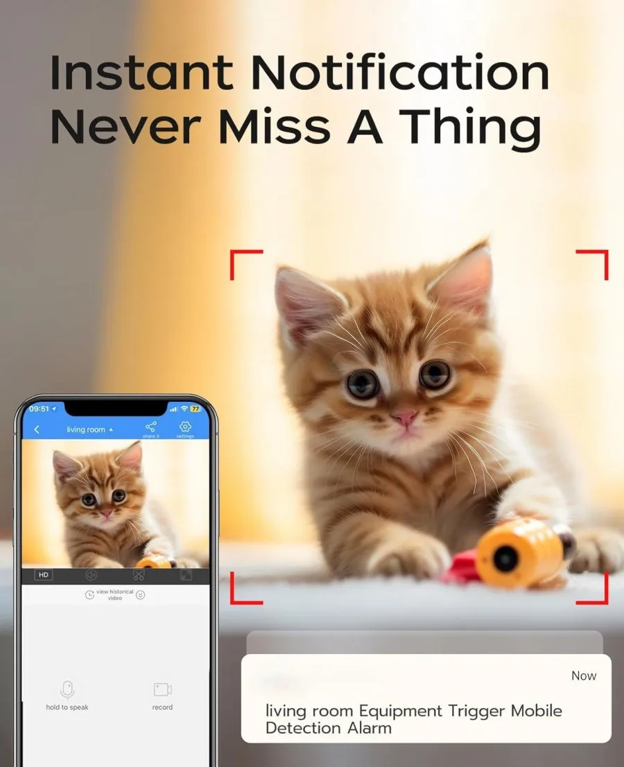 دوربین مینی بی‌سیم خانگی برای حیوانات و کودک با طراحی کوچک و سبک، مجهز به دید در شب و قابلیت اتصال به اپلیکیشن موبایل برای امنیت خانه و مراقبت از نوزاد