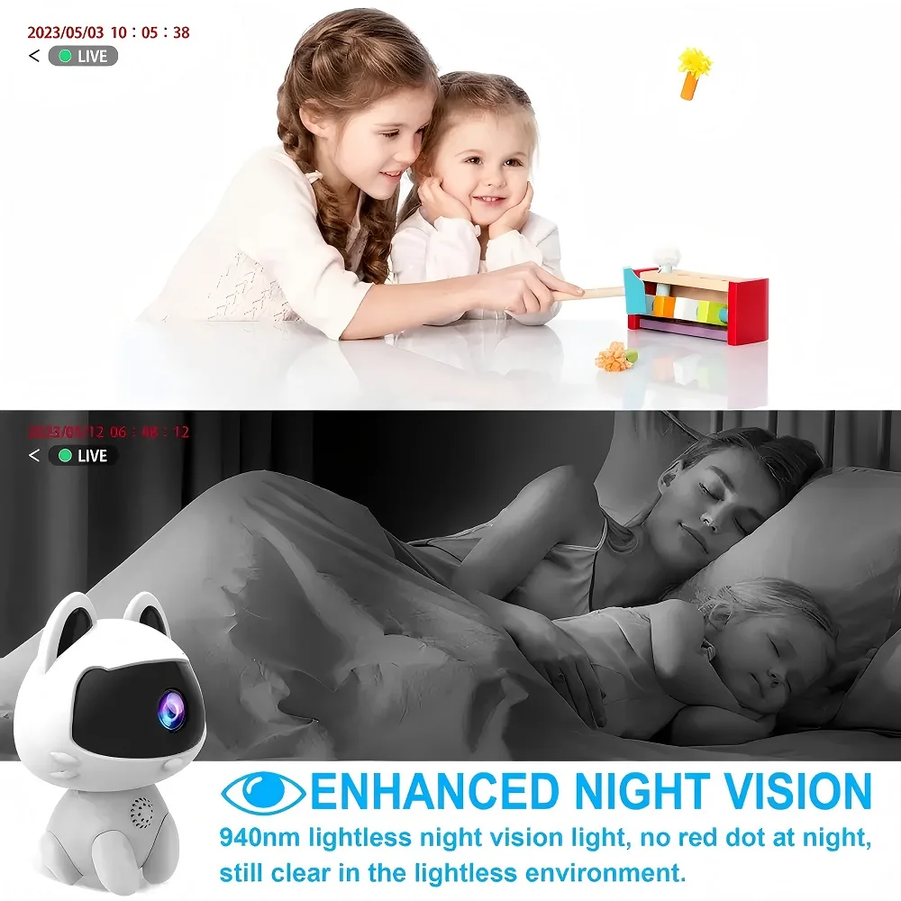 دوربین مینی بی‌سیم خانگی برای حیوانات و کودک با طراحی کوچک و سبک، مجهز به دید در شب و قابلیت اتصال به اپلیکیشن موبایل برای امنیت خانه و مراقبت از نوزاد