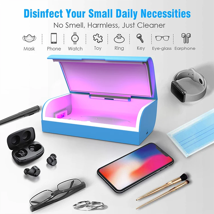 استریلایزر UV چندکاره در حال ضدعفونی موبایل و لوازم شخصی کوچک