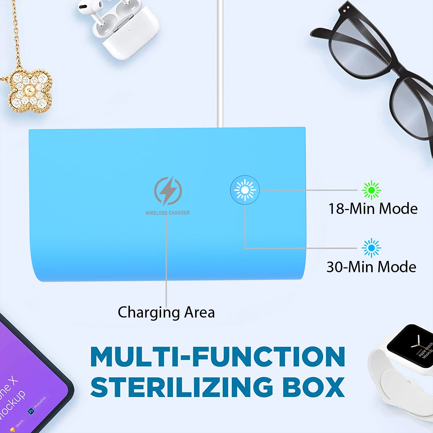 استریلایزر UV چندکاره در حال ضدعفونی موبایل و لوازم شخصی کوچک