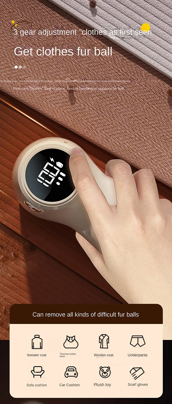 ماشین پرزگیر پارچه برقی در حال استفاده روی پلیور برای از بین بردن پرز و گلوله‌های نخ