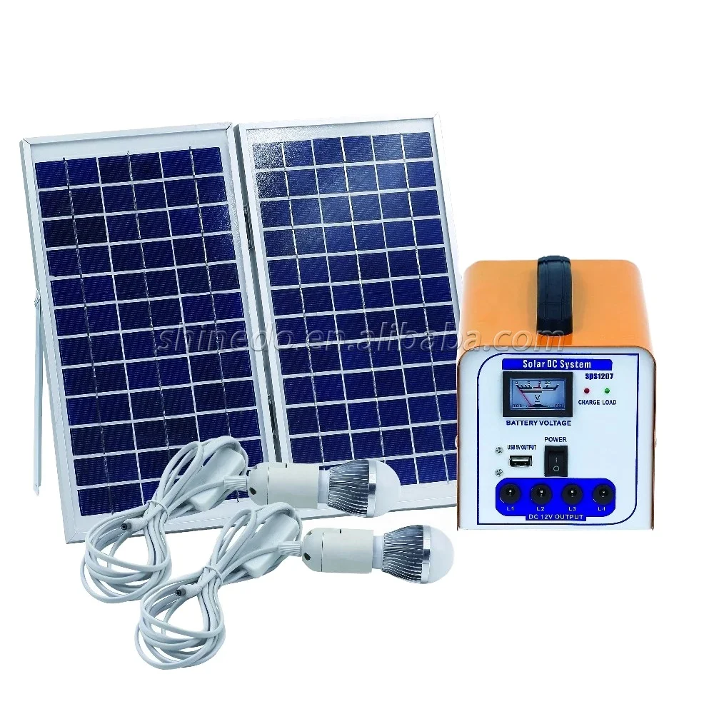 سیستم روشنایی خورشیدی قابل حمل با دو لامپ LED، باتری داخلی و شارژر موبایل، مناسب خرید عمده از چین و دبی، ضدآب و کم‌مصرف برای خانه و کمپینگ