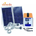 سیستم روشنایی خورشیدی قابل حمل با دو لامپ LED، باتری داخلی و شارژر موبایل، مناسب خرید عمده از چین و دبی، ضدآب و کم‌مصرف برای خانه و کمپینگ