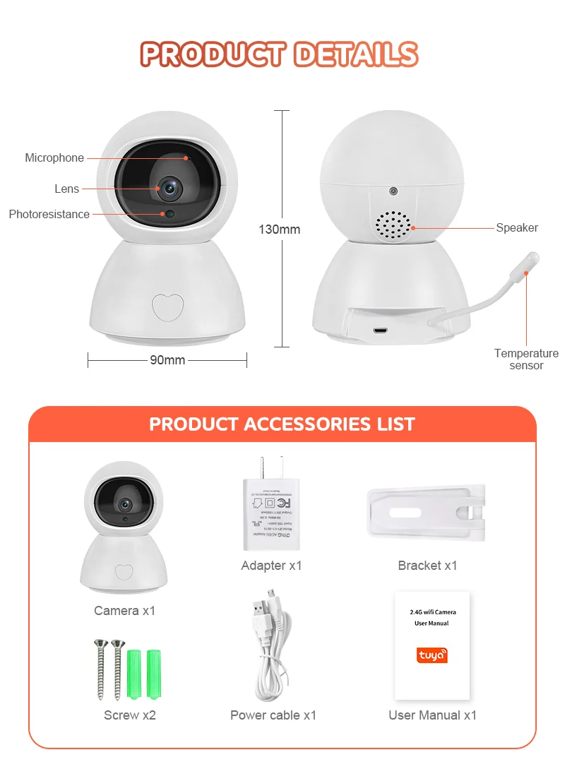 دوربین بی‌سیم وای‌فای مراقبت کودک Sectec با کیفیت 2 مگاپیکسل، طراحی کوچک و سبک، مجهز به دید در شب و قابلیت اتصال به اپلیکیشن موبایل برای امنیت کودک و خانه