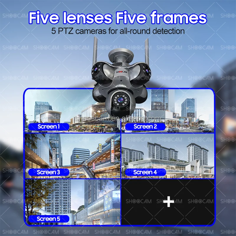دوربین هوشمند ShooCam WiFi با 5 لنز و 5 PTZ، کیفیت 20 مگاپیکسل، سنسور CMOS و قابلیت تشخیص حرکت و هشدار صوتی برای امنیت خانگی و تجاری