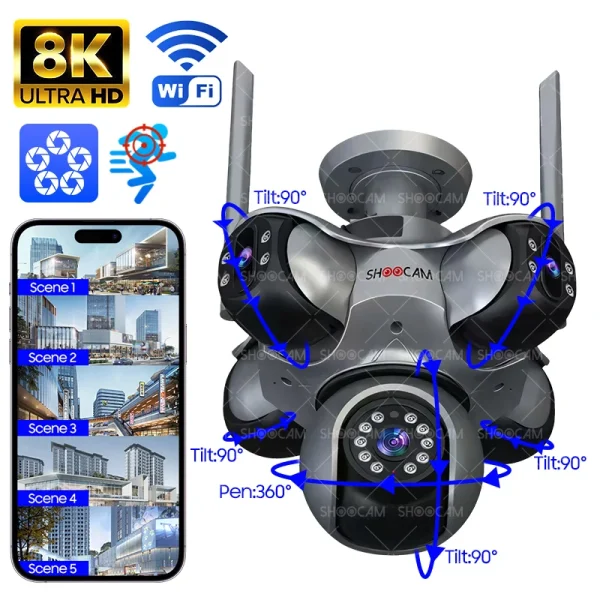 دوربین هوشمند ShooCam WiFi با 5 لنز و 5 PTZ، کیفیت 20 مگاپیکسل، سنسور CMOS و قابلیت تشخیص حرکت و هشدار صوتی برای امنیت خانگی و تجاری