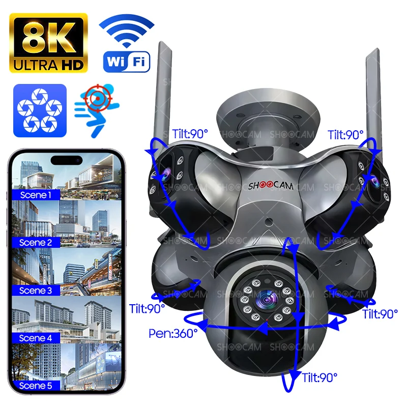 دوربین هوشمند ShooCam WiFi با 5 لنز و 5 PTZ، کیفیت 20 مگاپیکسل، سنسور CMOS و قابلیت تشخیص حرکت و هشدار صوتی برای امنیت خانگی و تجاری