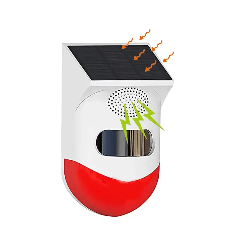 آژیر امنیتی خورشیدی فضای باز با صدای 120 دسی‌بل، ضدآب و مجهز به سنسور حرکتی PIR، مناسب ویلا، باغ، مزرعه و حیاط