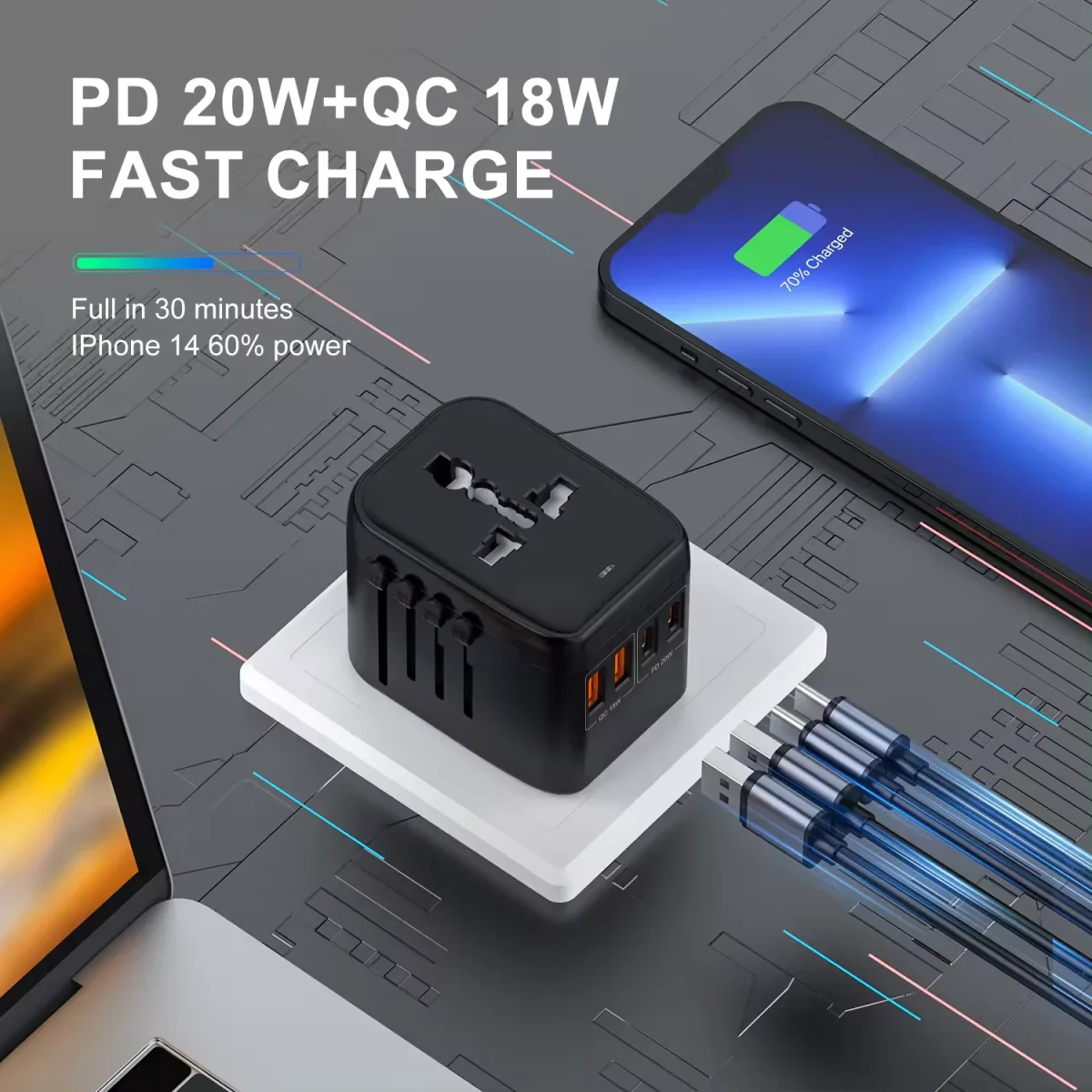 آداپتور شارژر مسافرتی ۴ پورت با خروجی USB و Type-C، مناسب خرید عمده برای واردات و پخش منطقه‌ای