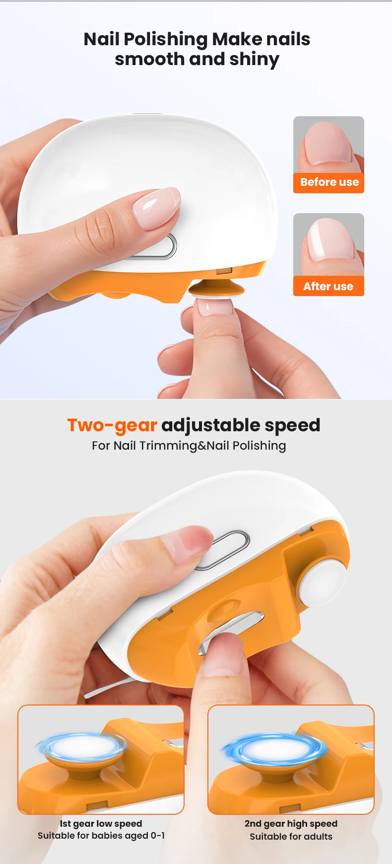 مادر در حال استفاده از ناخن‌گیر برقی ایمن کودک برای کوتاه کردن ناخن نوزاد