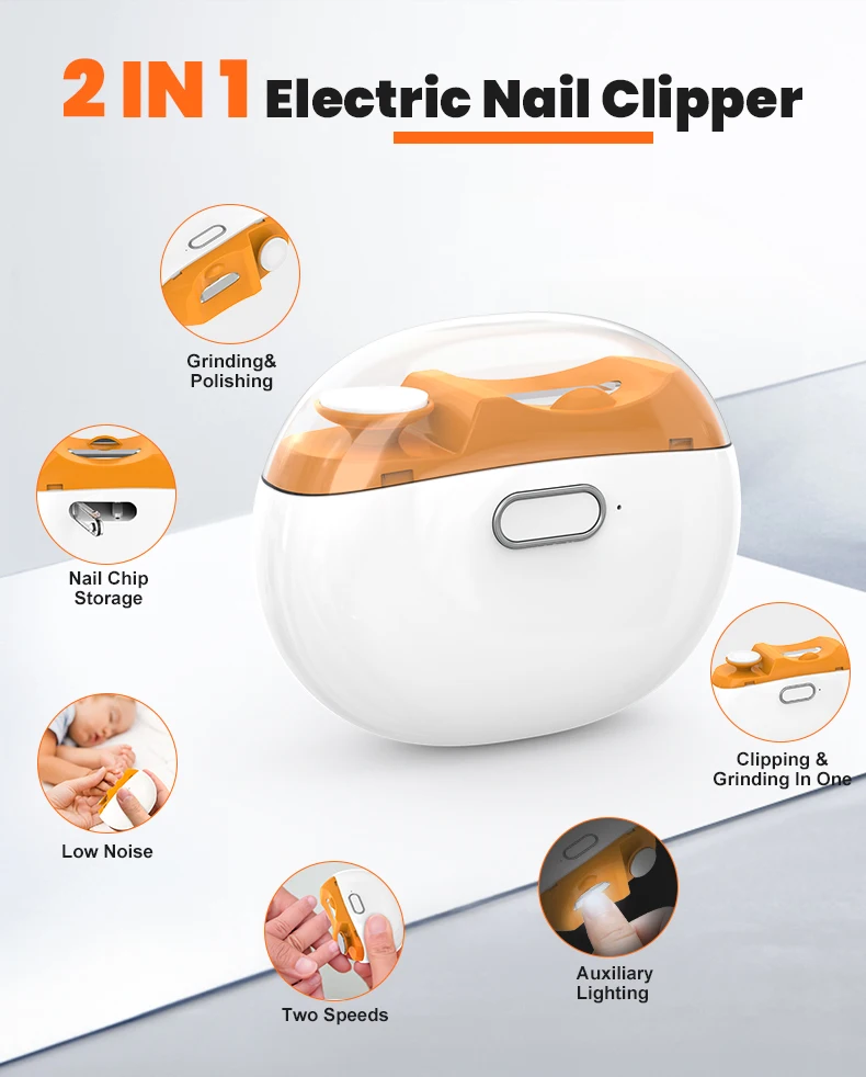 مادر در حال استفاده از ناخن‌گیر برقی ایمن کودک برای کوتاه کردن ناخن نوزاد