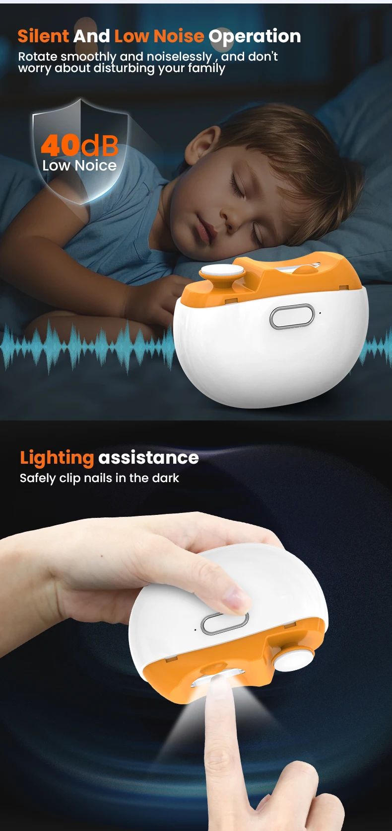 مادر در حال استفاده از ناخن‌گیر برقی ایمن کودک برای کوتاه کردن ناخن نوزاد