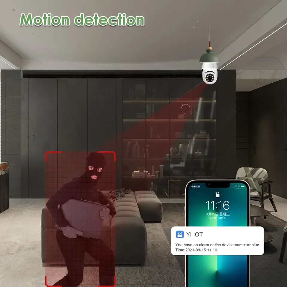 دوربین لامپی هوشمند وای‌فای با قابلیت نصب روی سرپیچ E27، مجهز به دید در شب، مکالمه دوطرفه و تشخیص حرکت برای امنیت خانه و فروشگاه