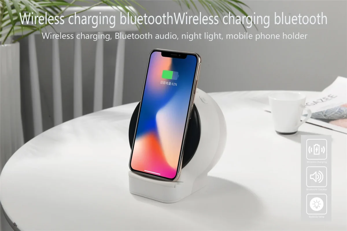 شارژر بی‌سیم چندکاره با پایه نگهدارنده موبایل، چراغ LED و اسپیکر بلوتوث، مناسب خرید عمده برای واردات و پخش منطقه‌ای