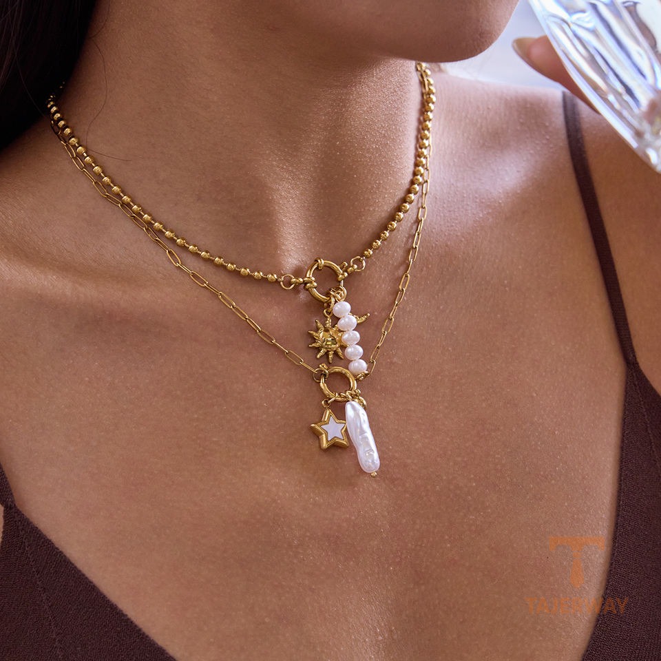 گردنبند استیل ضدزنگ ابکاری طلای ۱۸ عیار نگین‌دار برند J&D