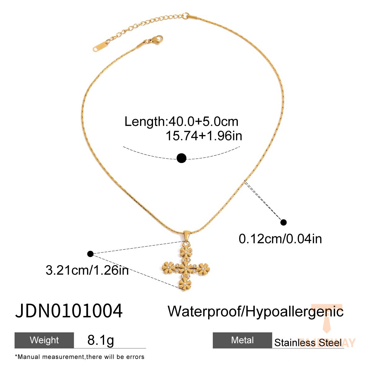 گردنبند آویزدار صلیب گل و نگین زیرکن سفید با آبکاری طلای ۱۸ عیار J&D - تصویر 7