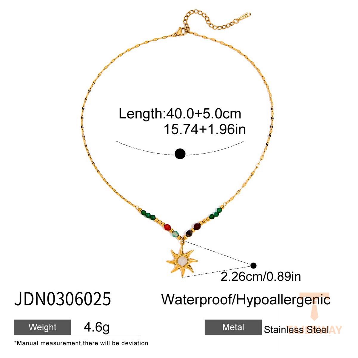 گردنبند پلاکدار خورشید با زنجیر کابلی و آبکاری طلای ۱۸ عیار J&D - تصویر 7