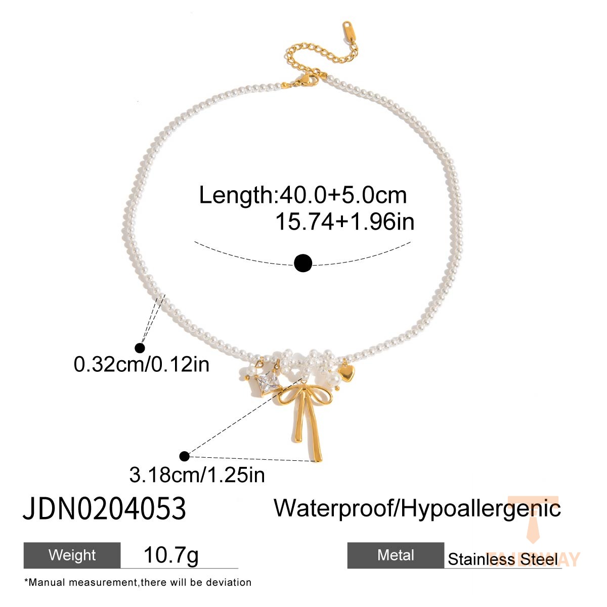 گردنبند آویزدار پاپیونی با مروارید تزئینی و آبکاری طلای ۱۸ عیار استیل ضدزنگ J&D - تصویر 7
