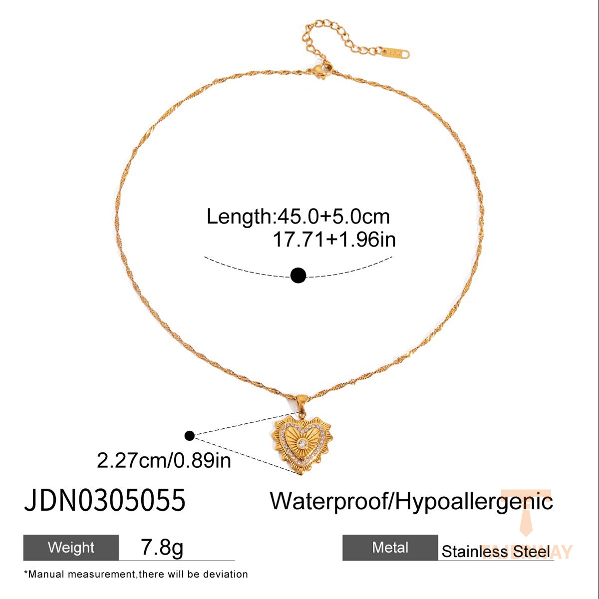 گردنبند پلاکدار قلبی با نگین اتمی سفید و آبکاری طلای ۱۸ عیار J&D - تصویر 8
