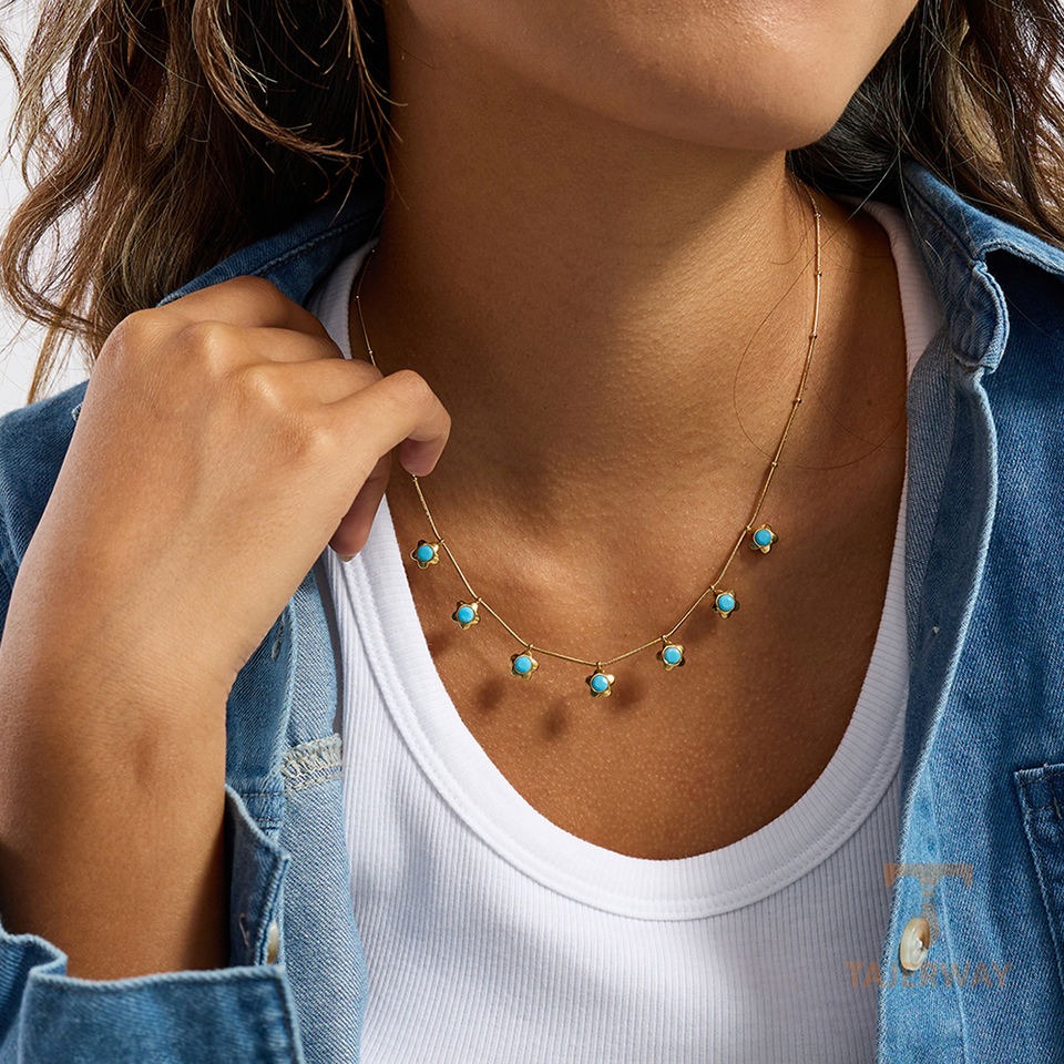 گردنبند استیل ضدزنگ آبکاری طلای ۲۴ عیار نگین‌دار برند J&D