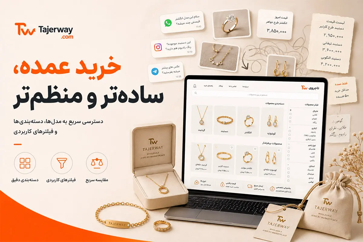 خرید عمده ساده و منظم زیورآلات با دسته‌بندی و فیلترهای کاربردی در تاجروی