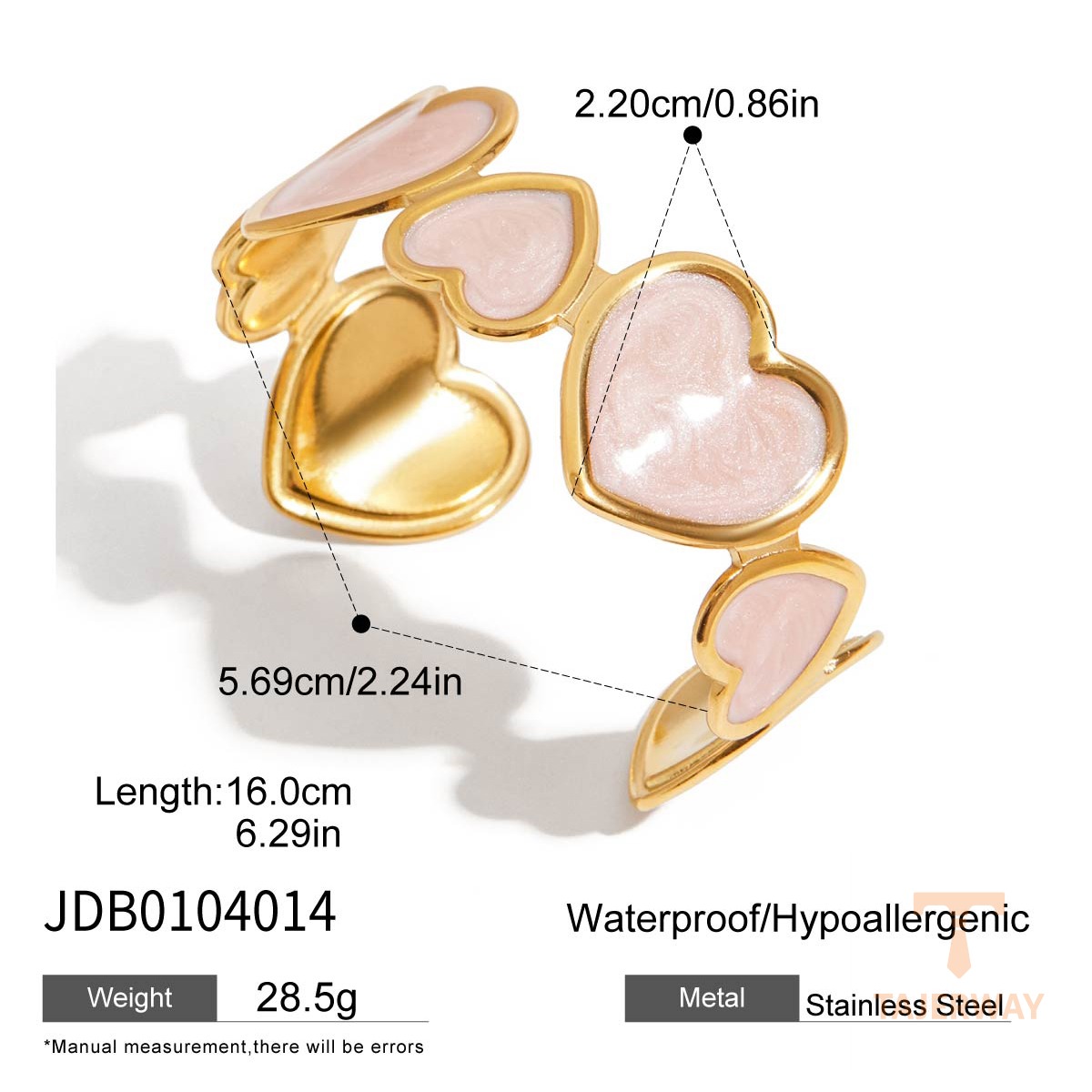 دستبند کاف باز طرح قلب با مینای میناکاری و آبکاری طلای ۱۸ عیار برند J&D - تصویر 7
