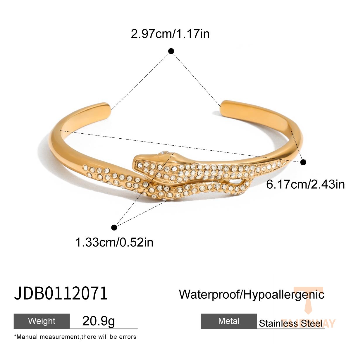 دستبند کاف باز زنجیر ماری با نگین شیشهای و آبکاری طلای ۱۸ عیار PVD برند J&D - تصویر 7