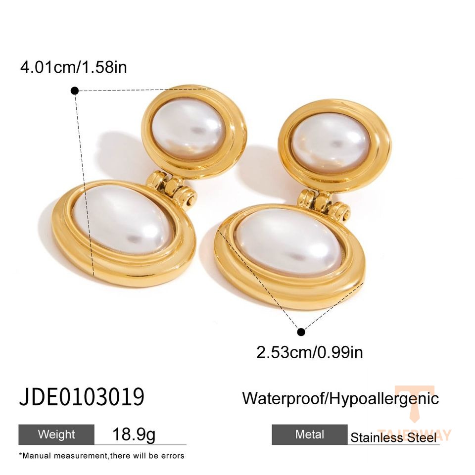 تصویر محصول گوشواره هندسی آبکاری طلای ۱۸ عیار مروارید مصنوعی برند J&D کد JDE0103019