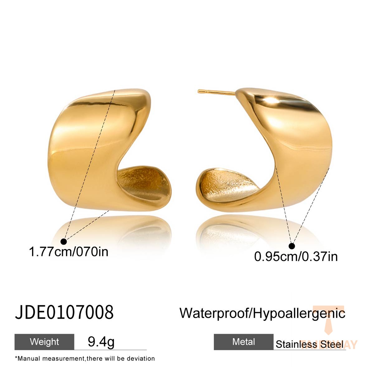 گوشواره حلقهای C شکل و کلاسیک طرح هندسی از استیل ضدزنگ با آبکاری طلای ۱۸ عیار برند J&D - تصویر 7
