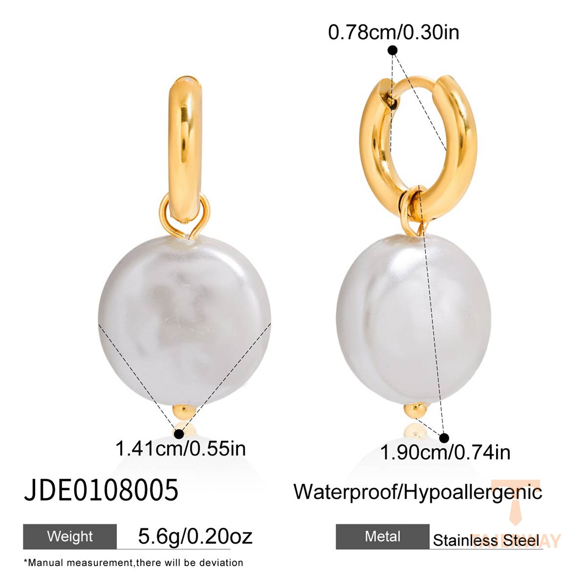 گوشواره هاگی و گرد با مروارید تزئینی از استیل ضدزنگ با آبکاری طلای ۱۸ عیار برند J&D - تصویر 7